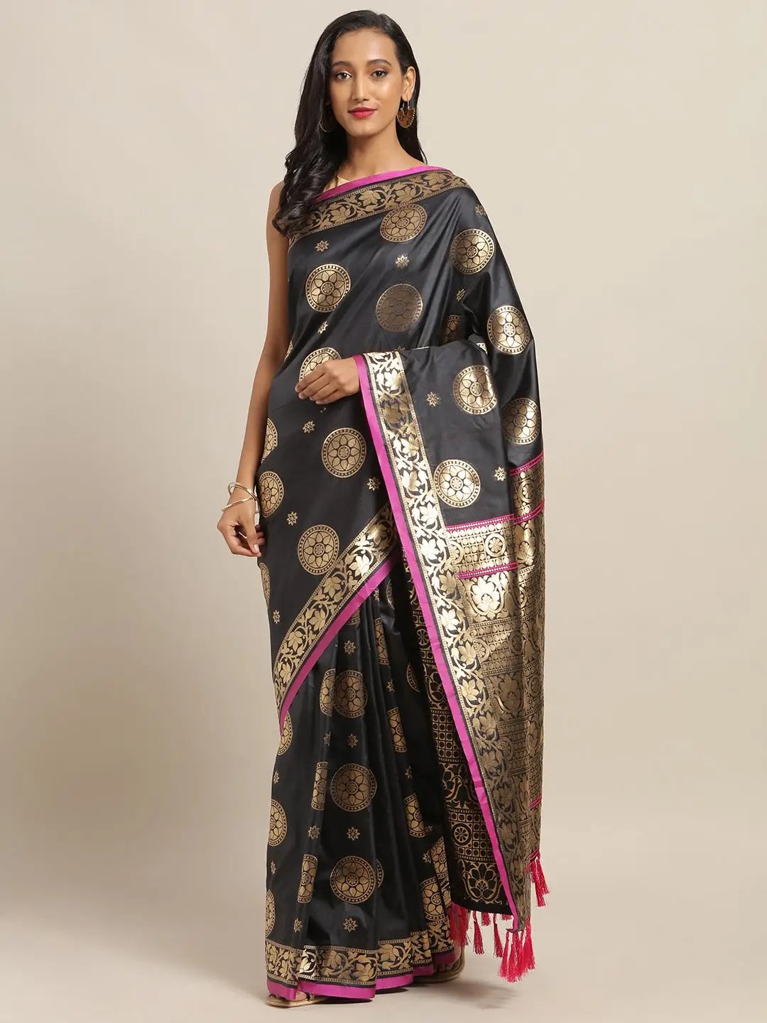 Banarasi Ethnic Motifs Black Colour Woven Design Saree