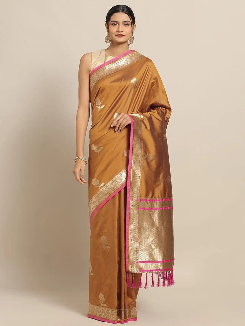 Traditional Banarasi Mustard Silk Woven Design Saree