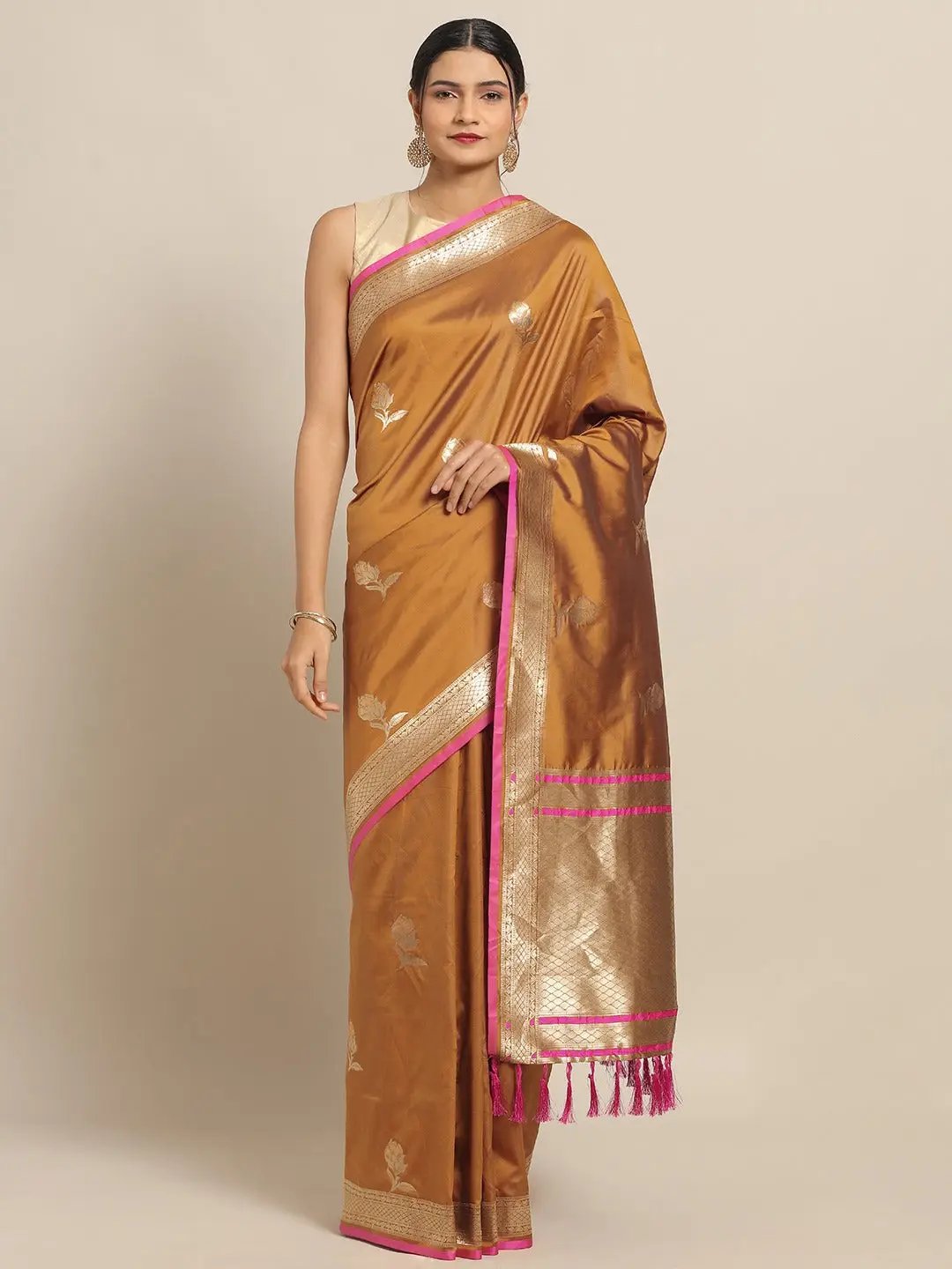 Traditional Banarasi Mustard Silk Woven Design Saree