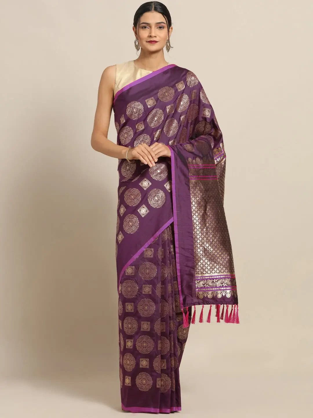 Stylish Wine Colour Ethnic Motifs Woven Design Banarasi Saree