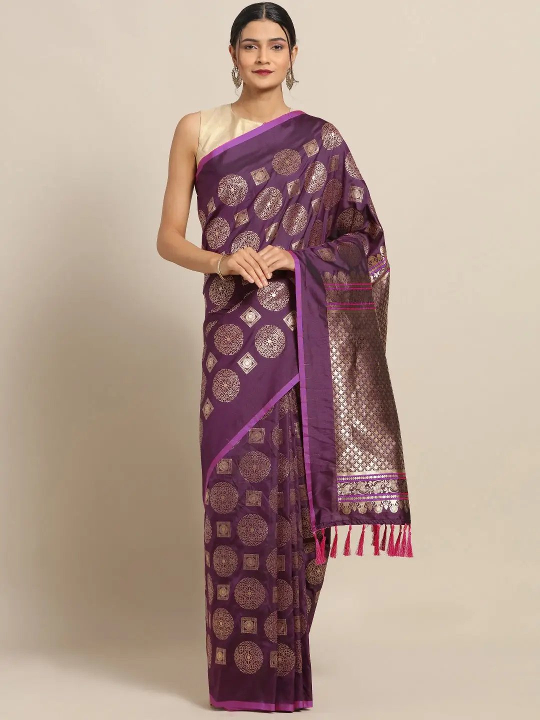Stylish Wine Colour Ethnic Motifs Woven Design Banarasi Saree