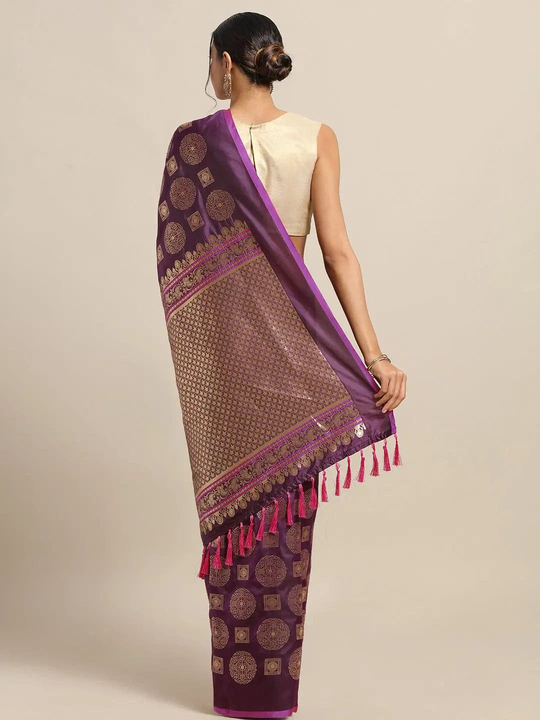 Stylish Wine Colour Ethnic Motifs Woven Design Banarasi Saree
