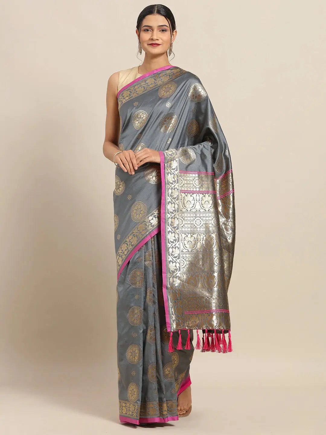 Banarasi Ethnic Motifs Grey Colour Woven Design Saree
