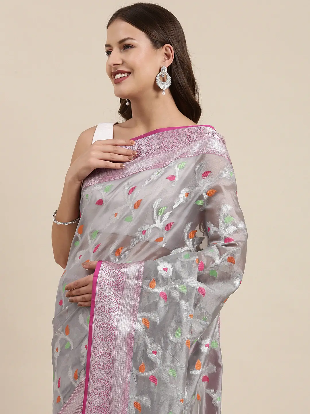 Grey Colour Kora Silk Banarasi Zari Weaving Saree
