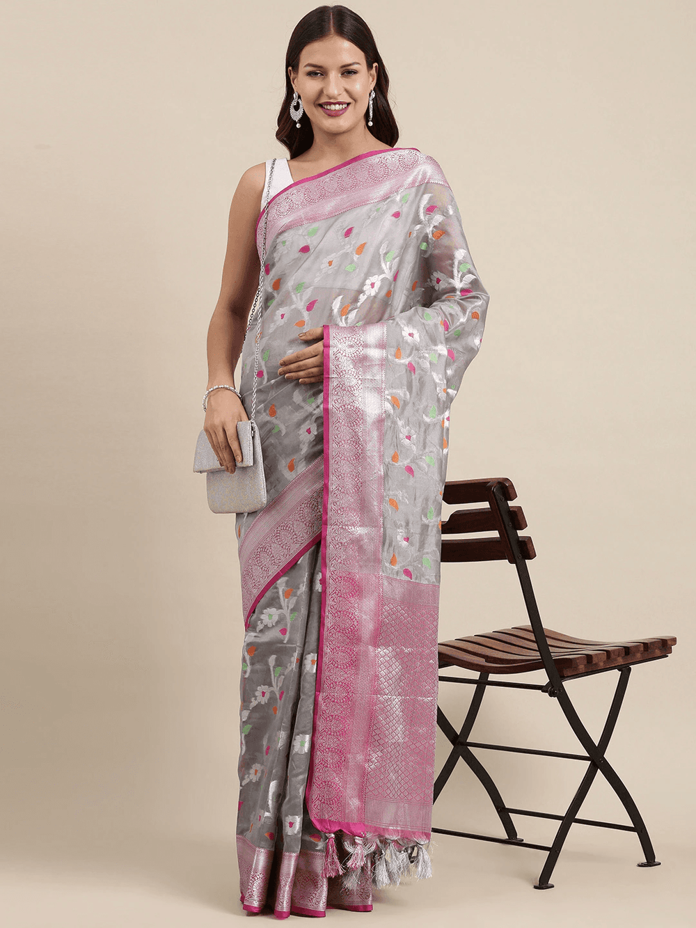 Grey Colour Kora Silk Banarasi Zari Weaving Saree