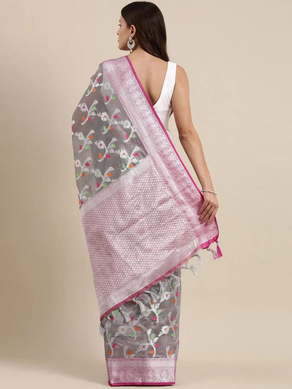 Grey Colour Kora Silk Banarasi Zari Weaving Saree
