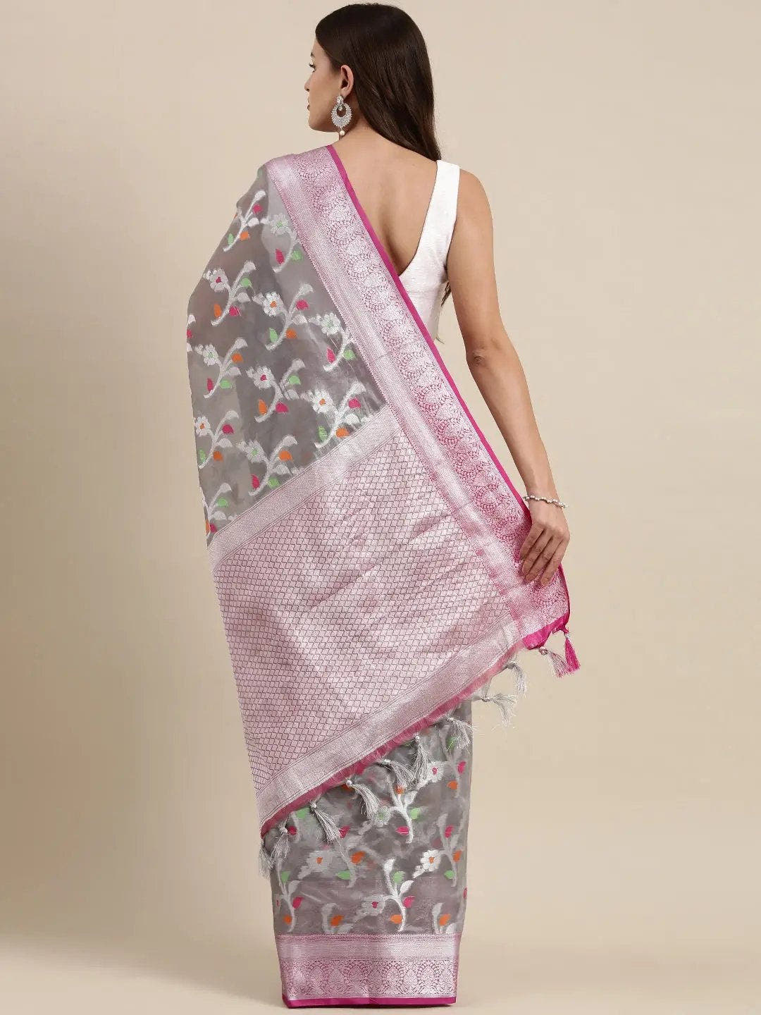 Grey Colour Kora Silk Banarasi Zari Weaving Saree