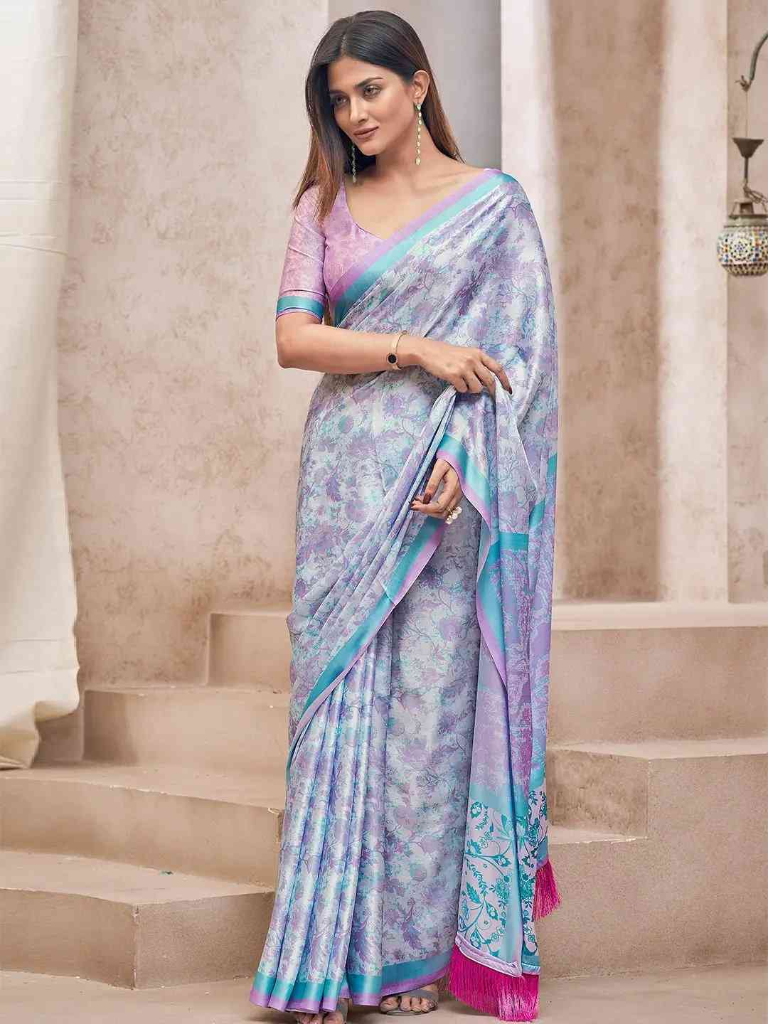 Lavender Colour Soft Satin Georgette Saree With Digital Print
