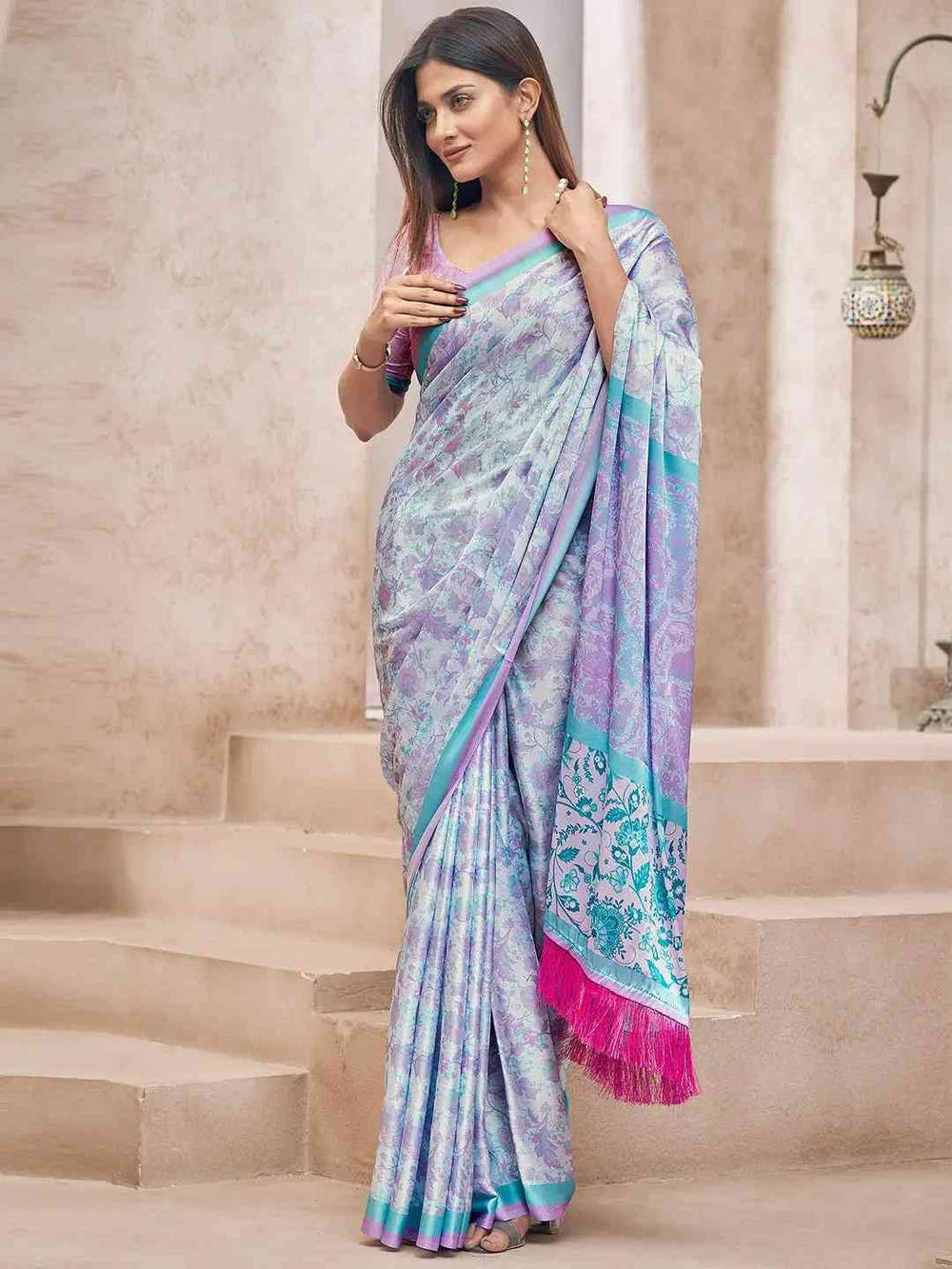 Lavender Colour Soft Satin Georgette Saree With Digital Print