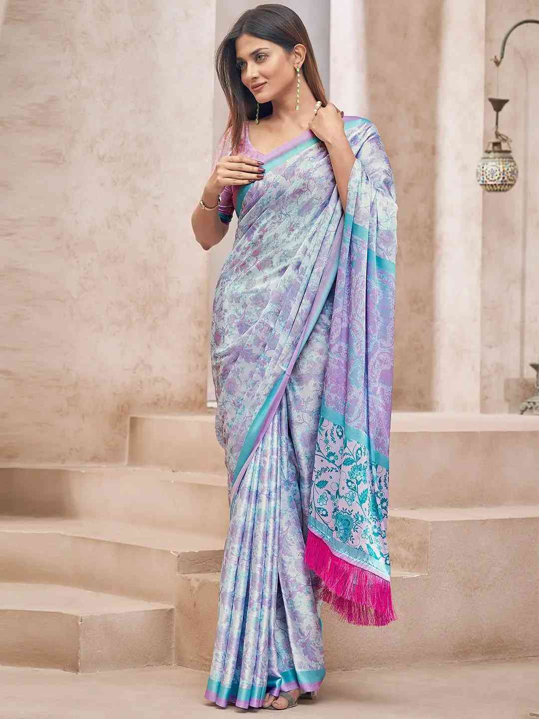 Lavender Colour Soft Satin Georgette Saree With Digital Print
