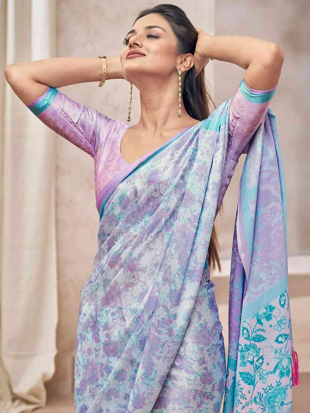 Lavender Colour Soft Satin Georgette Saree With Digital Print