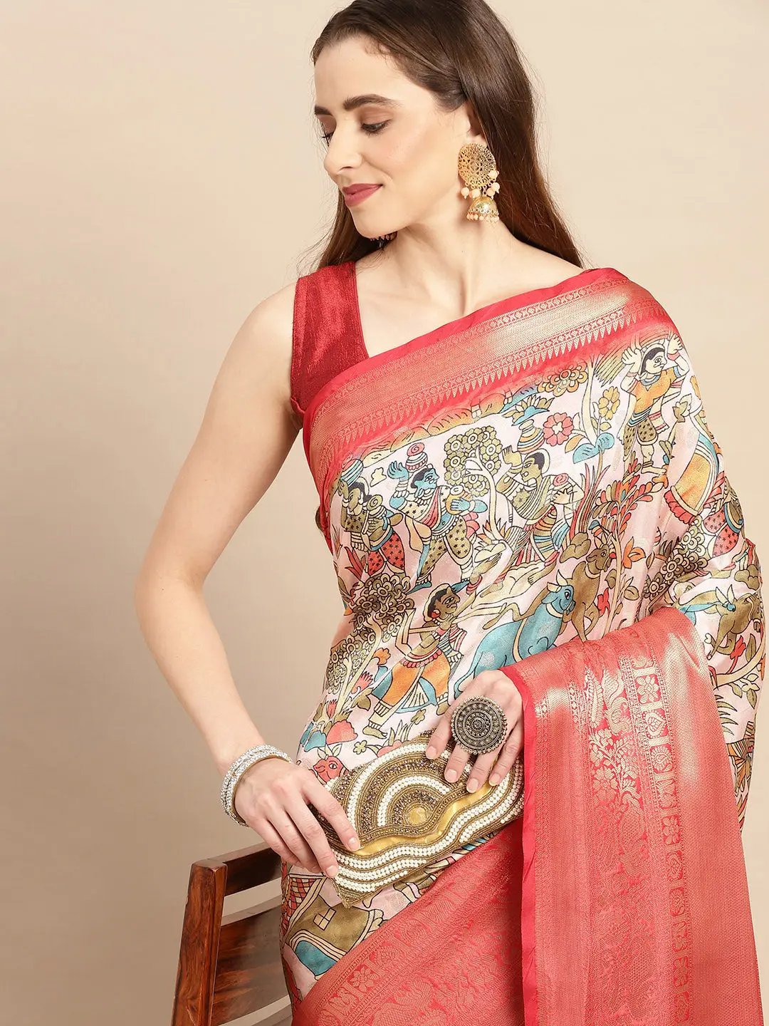 Kalamkari Zari Silk Blend Banarasi Saree in Peach Colour
