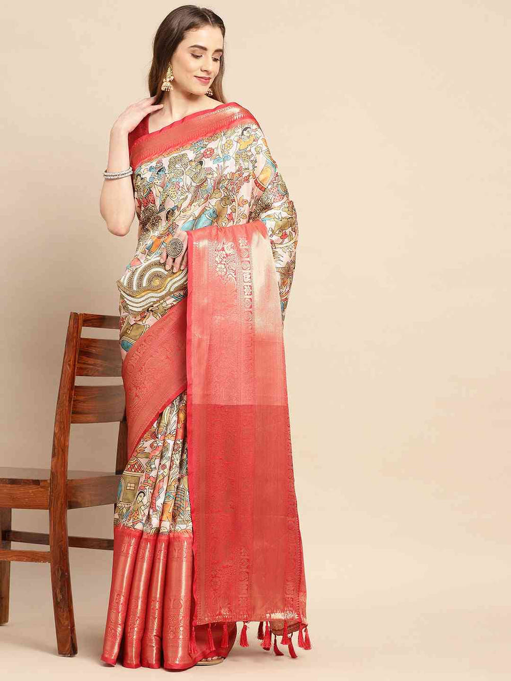 Kalamkari Zari Silk Blend Banarasi Saree in Peach Colour