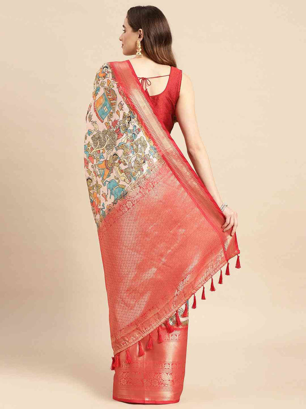 Kalamkari Zari Silk Blend Banarasi Saree in Peach Colour