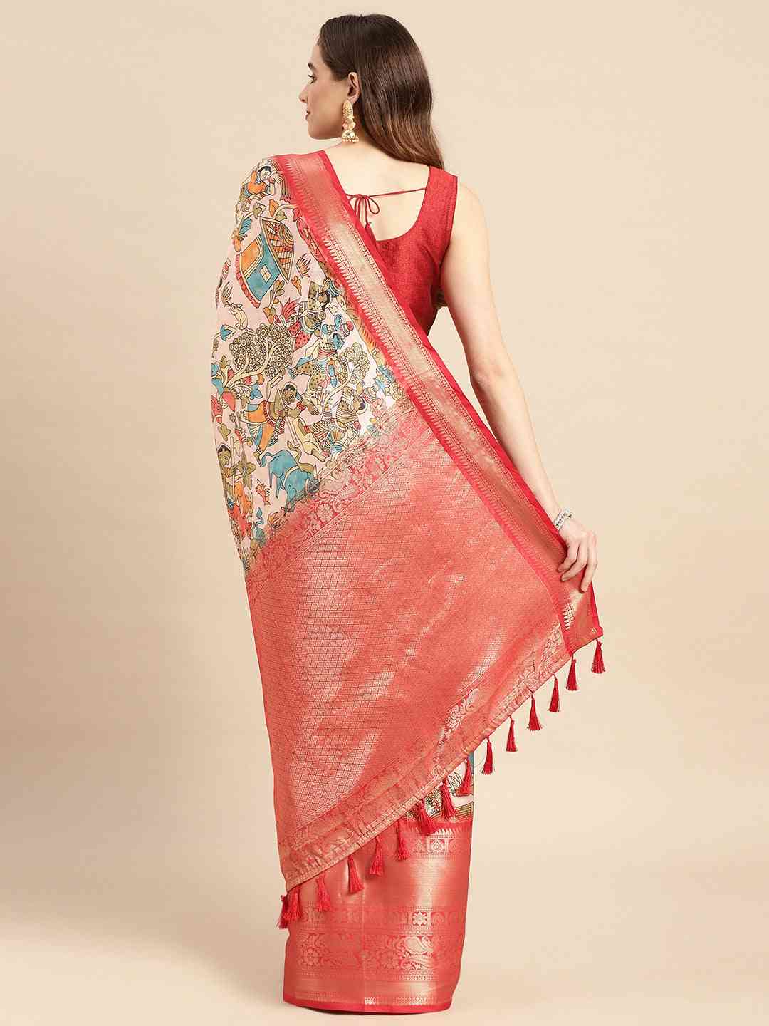 Kalamkari Zari Silk Blend Banarasi Saree in Peach Colour