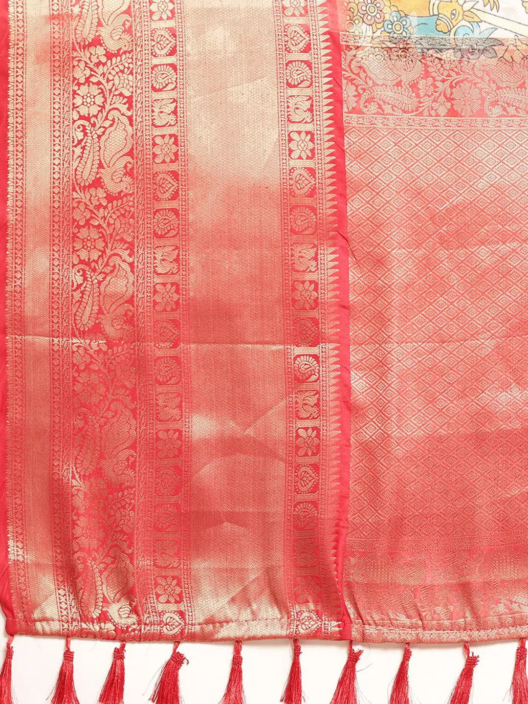 Kalamkari Zari Silk Blend Banarasi Saree in Peach Colour