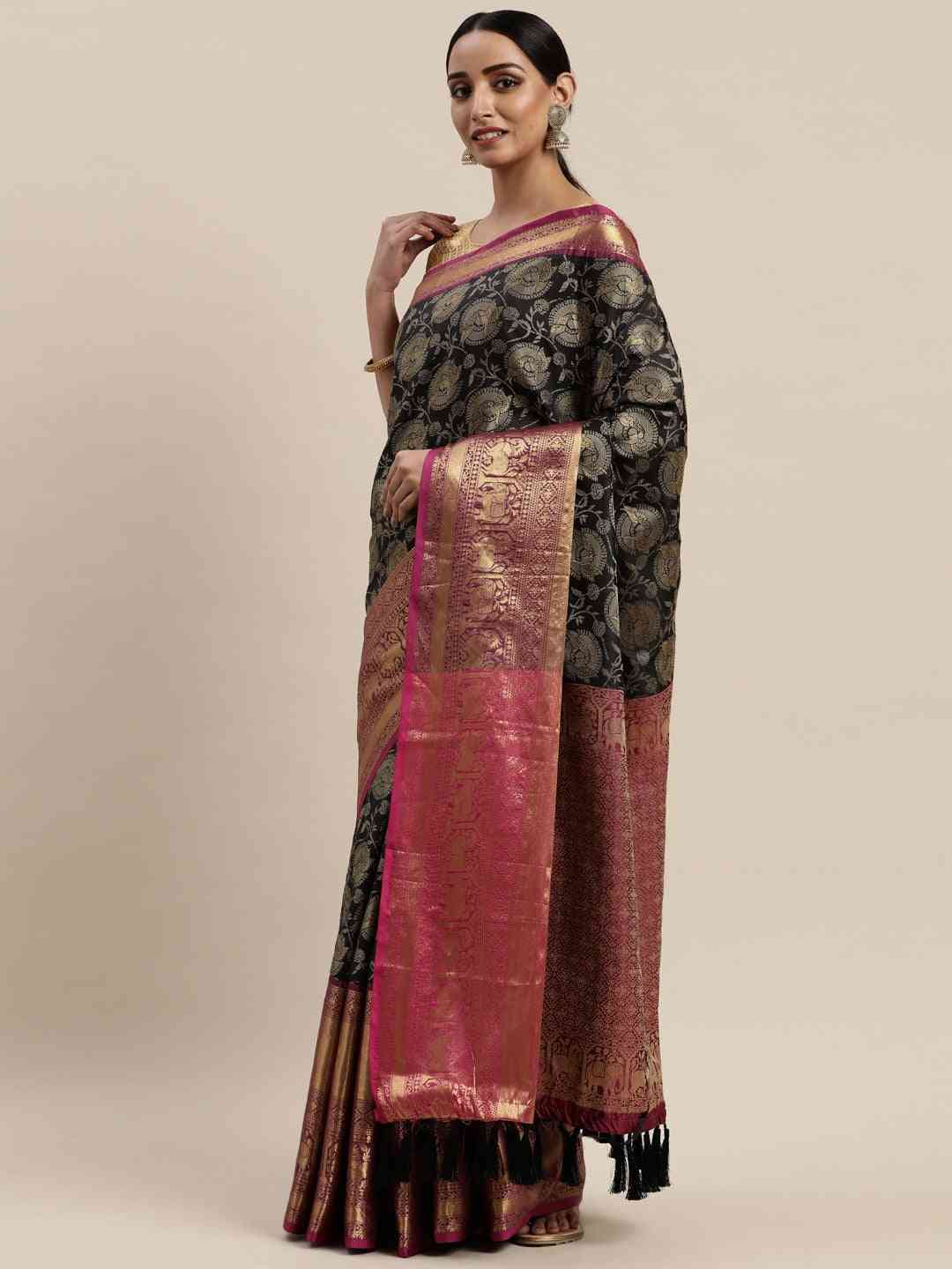 Soft Silk Black Colour Kanjivaaram Zari & Butta Weaving Saree