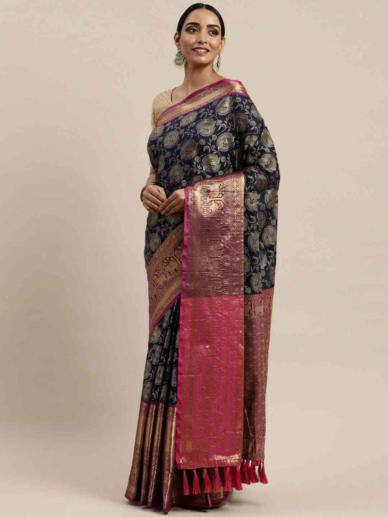 Soft Silk Navy Colour Kanjivaaram Zari & Butta Weaving Saree
