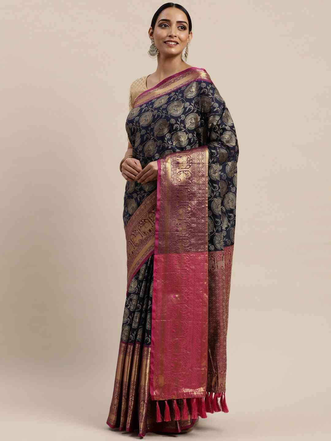 Soft Silk Navy Colour Kanjivaaram Zari & Butta Weaving Saree