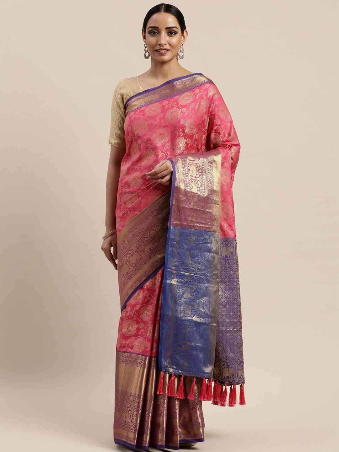 Soft Silk Pink Colour Kanjivaaram Zari & Butta Weaving Saree