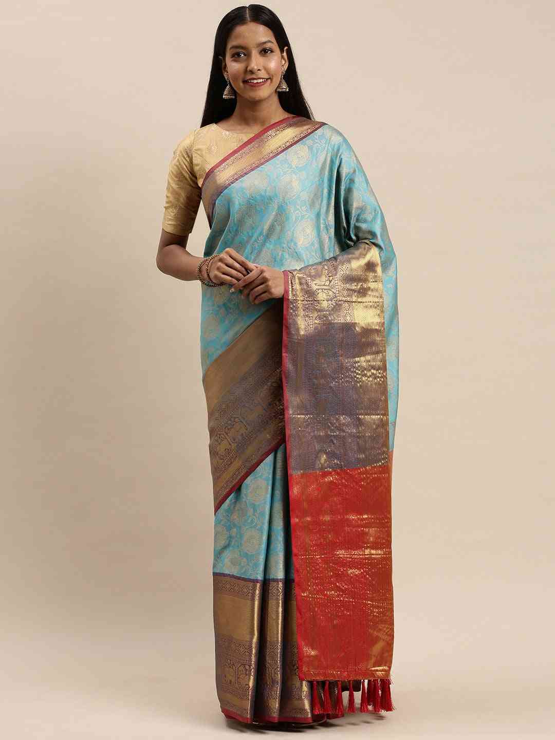 Soft Silk Light Blue Colour Kanjivaaram Zari & Butta Weaving Saree