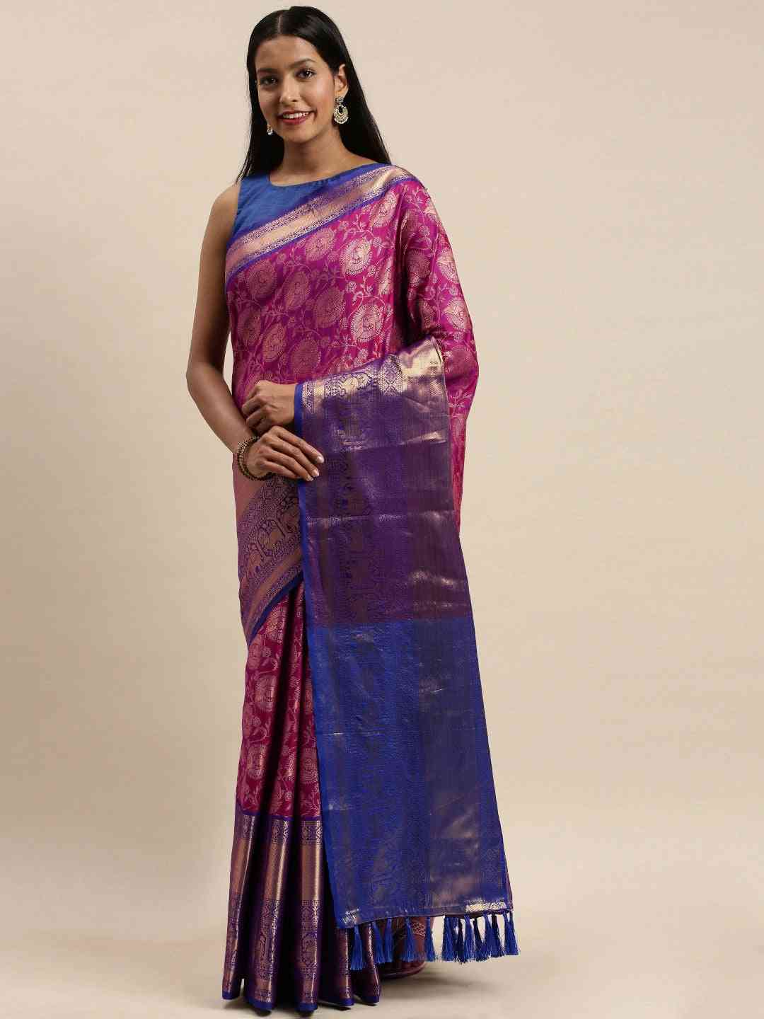 Soft Silk Wine Colour Kanjivaaram Zari & Butta Weaving Saree