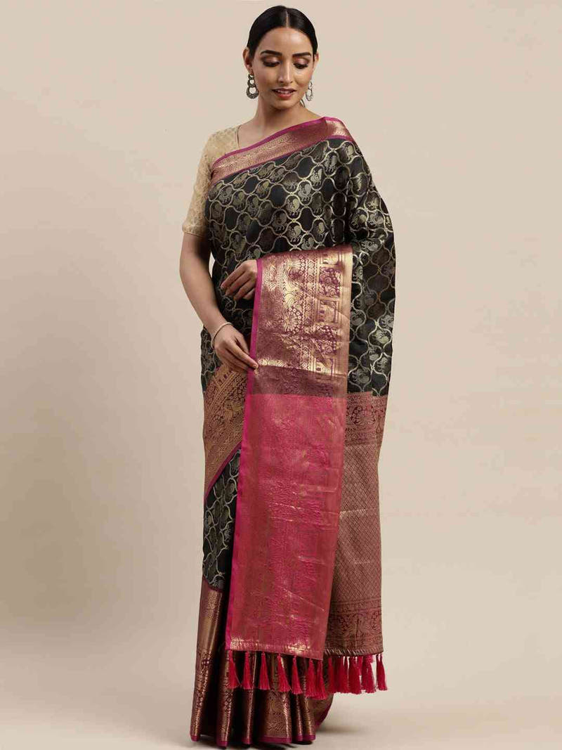 Soft Silk Black Colour Kanjivaaram Traditional Wear Saree
