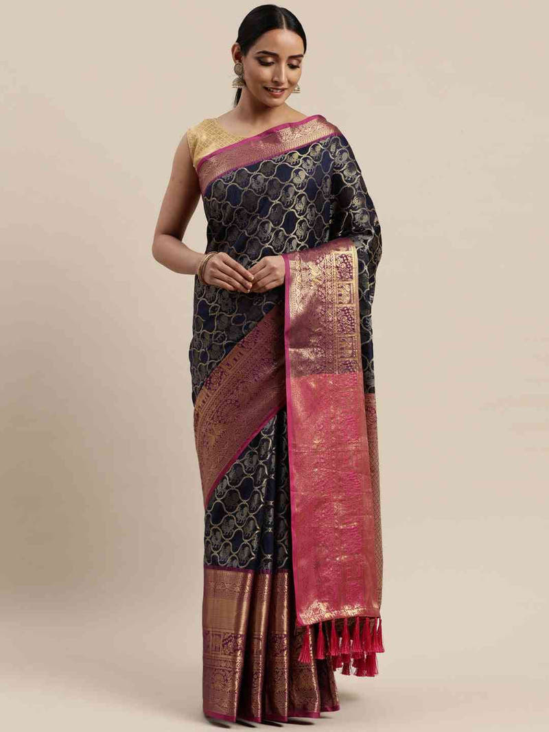 Soft Silk Navy Colour Kanjivaaram Traditional Wear Saree