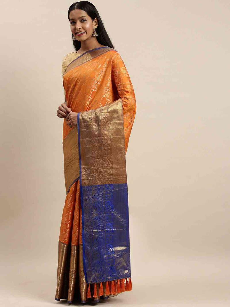 Soft Silk Orange Colour Kanjivaaram Traditional Wear Saree