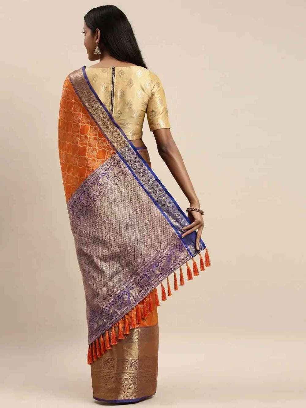Soft Silk Orange Colour Kanjivaaram Traditional Wear Saree