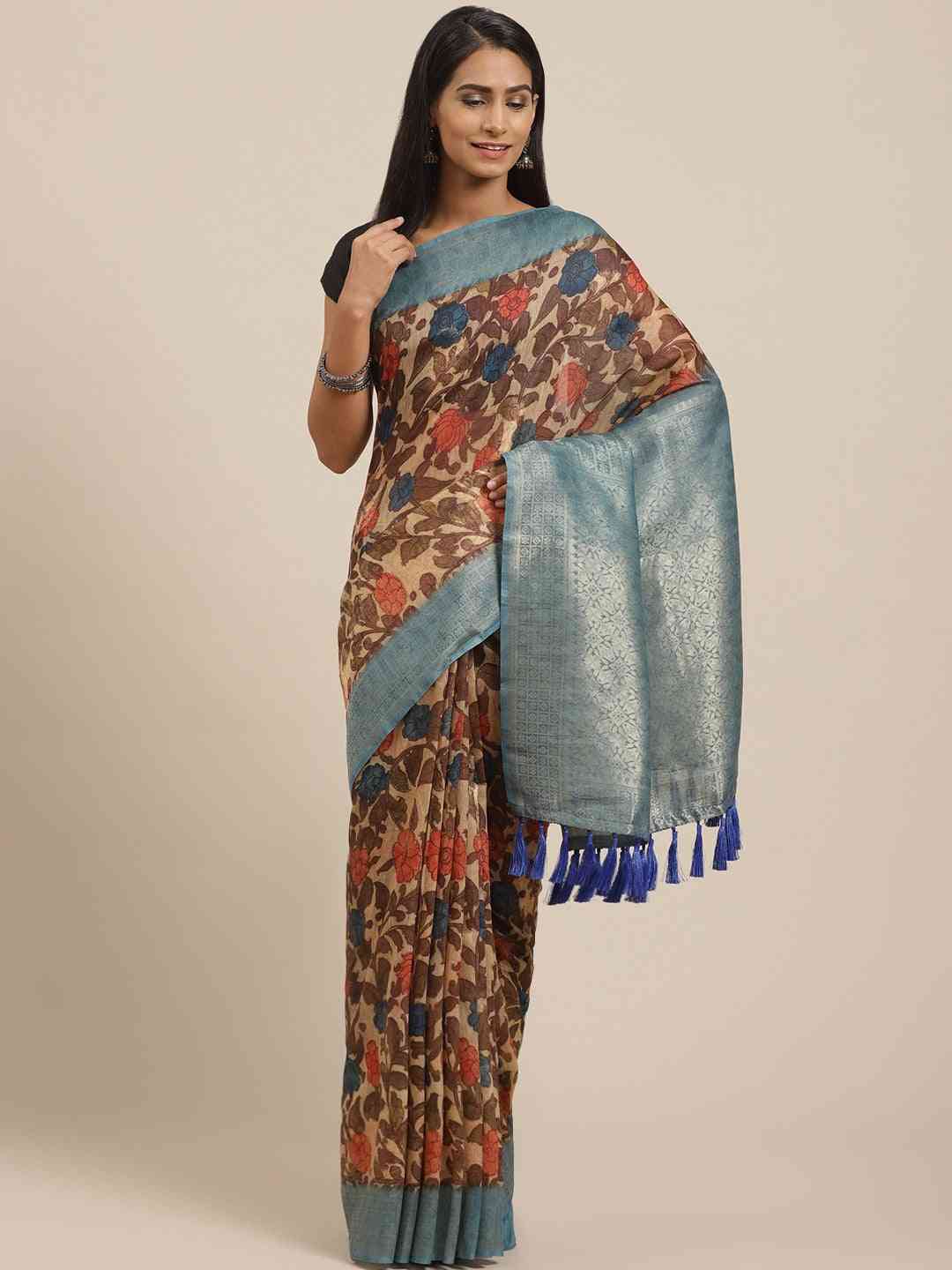 Peach Colour Slub Cotton Digital Print Saree