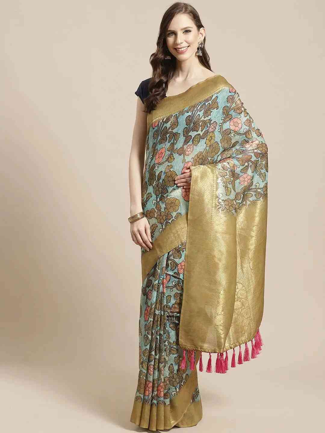 Green Colour Slub Cotton Digital Print Saree
