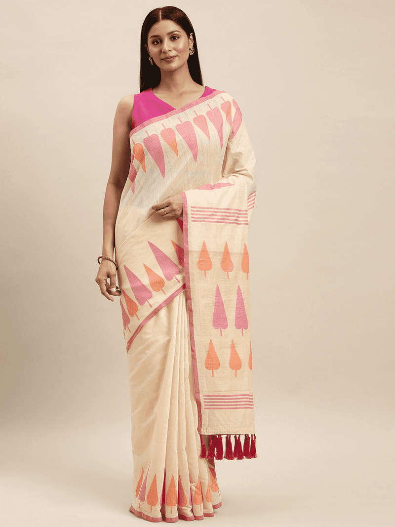 Beige Colour Cotton Silk Minakari Weaving Saree