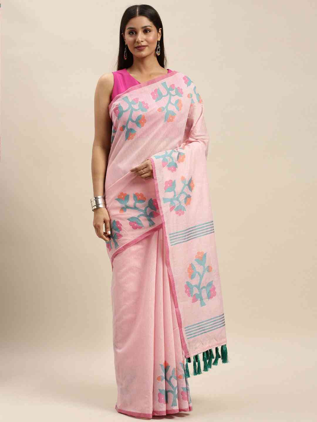 Pink Colour Cotton Silk Resham Minakari Weaving Saree