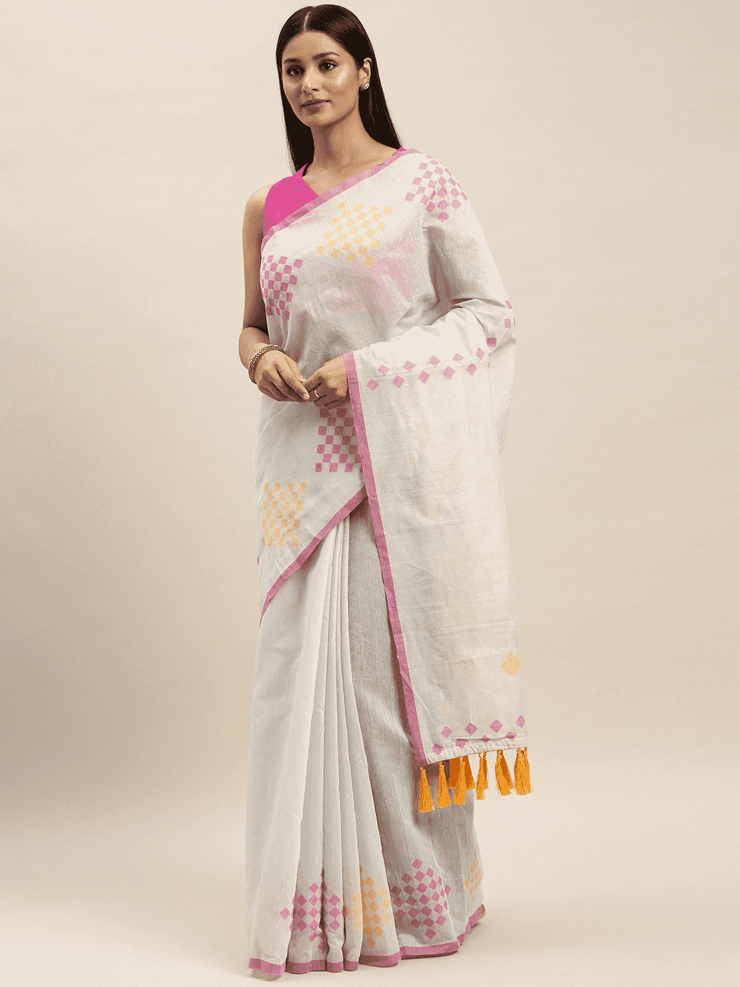White Colour Cotton Silk Resham Minakari Weaving Saree