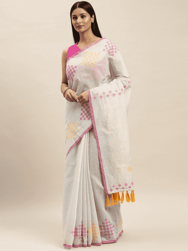 White Colour Cotton Silk Resham Minakari Weaving Saree