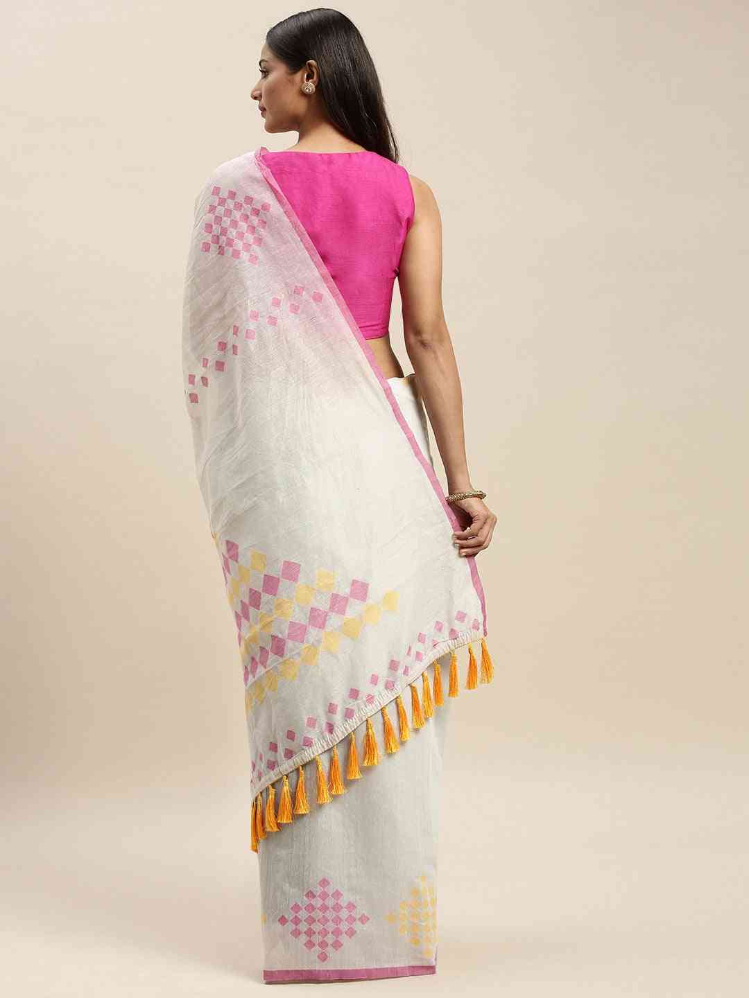 White Colour Cotton Silk Resham Minakari Weaving Saree