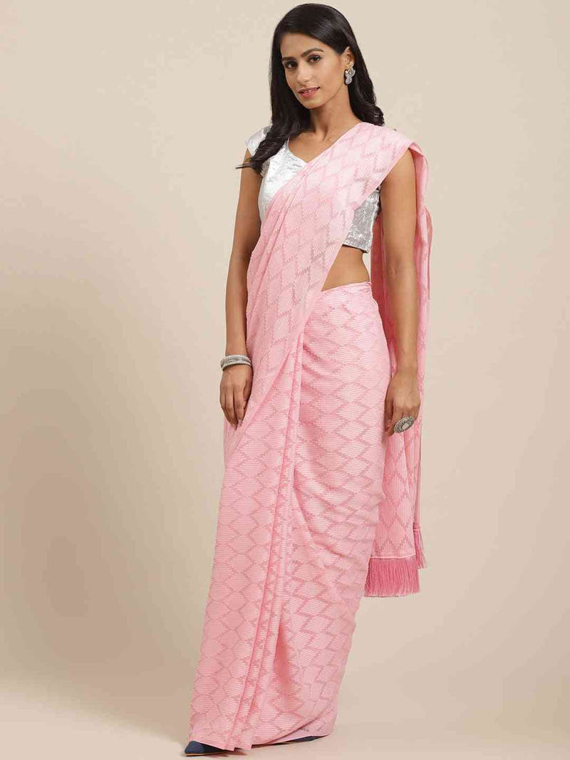 Pure Soft Pink Colour Georgette Self Weaving Party Wear Saree