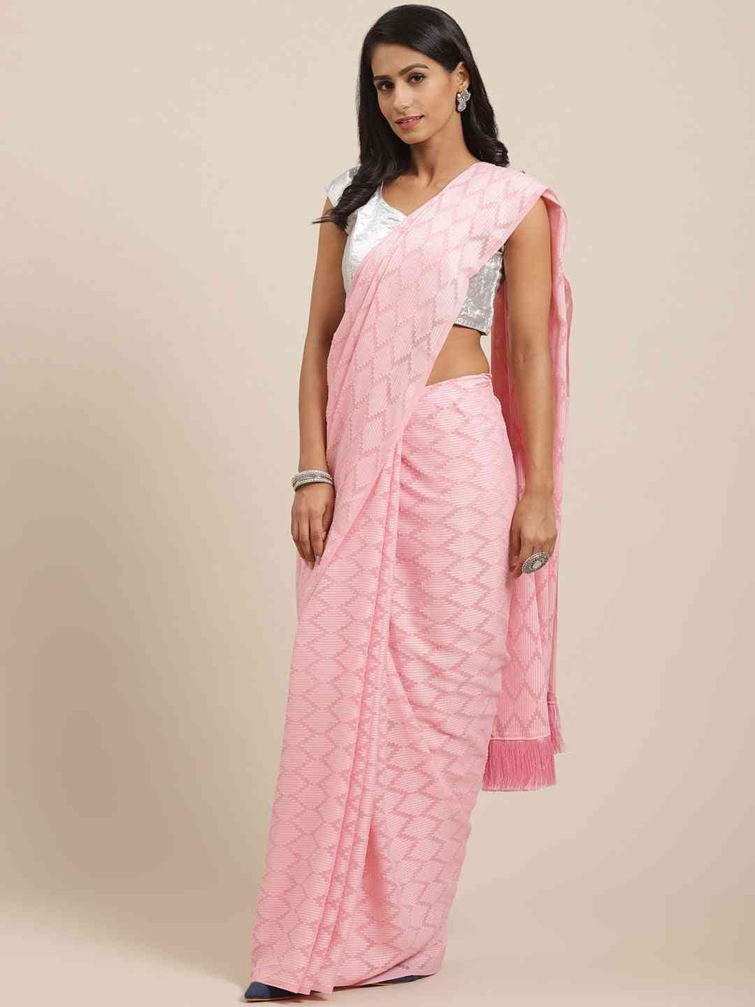 Pure Soft Pink Colour Georgette Self Weaving Party Wear Saree