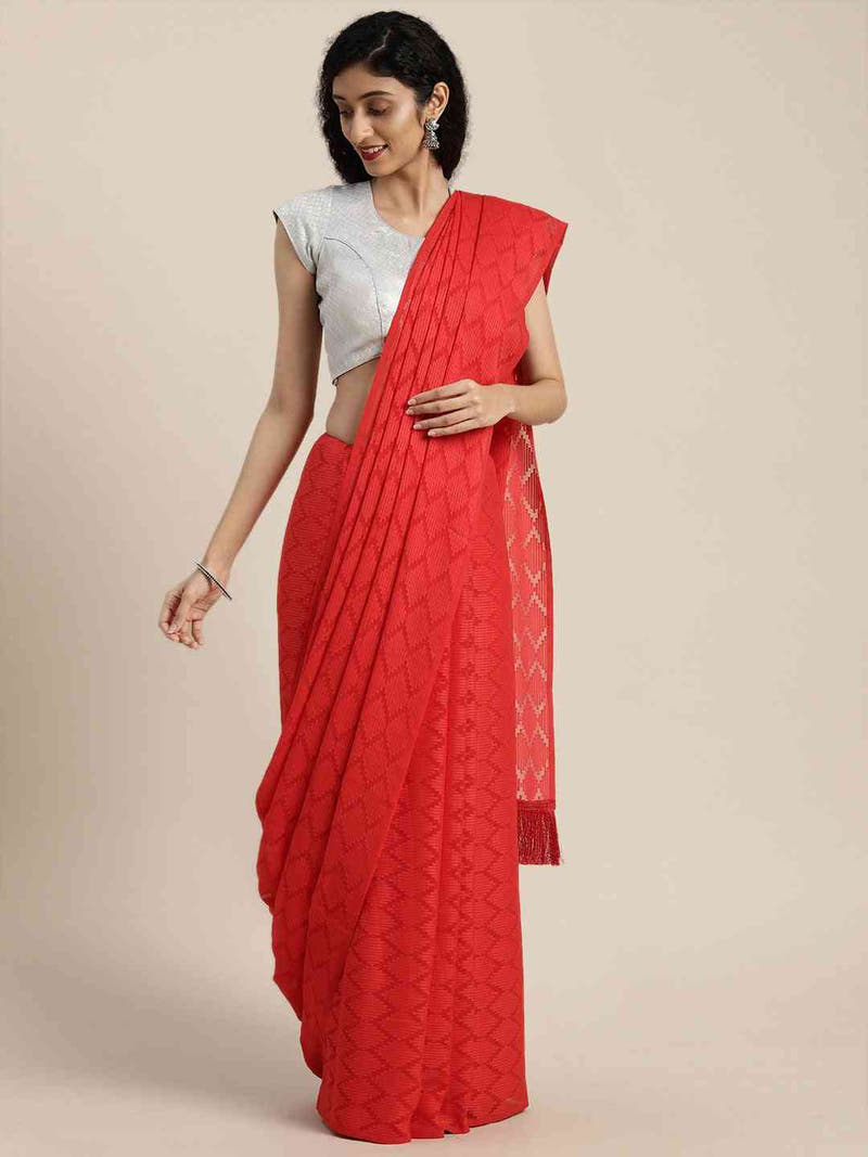 Pure Soft Red Colour Georgette Self Weaving Party Wear Saree