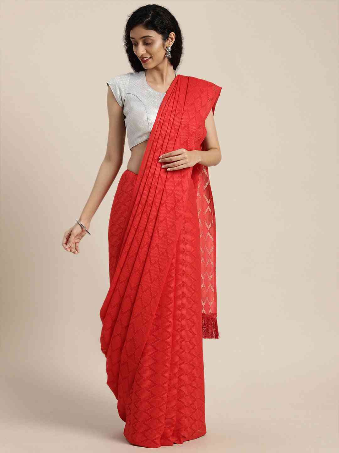Pure Soft Red Colour Georgette Self Weaving Party Wear Saree