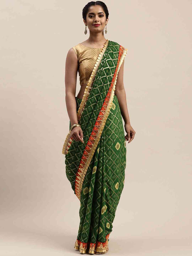 Poly Chiffon Pure Foil & Bandhej Print Green Colour Saree