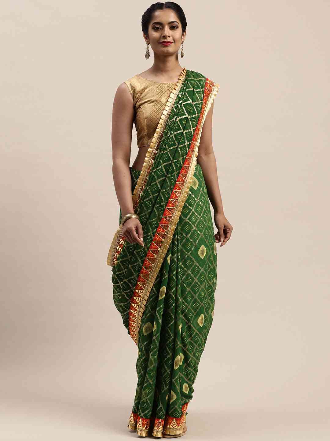 Poly Chiffon Pure Foil & Bandhej Print Green Colour Saree