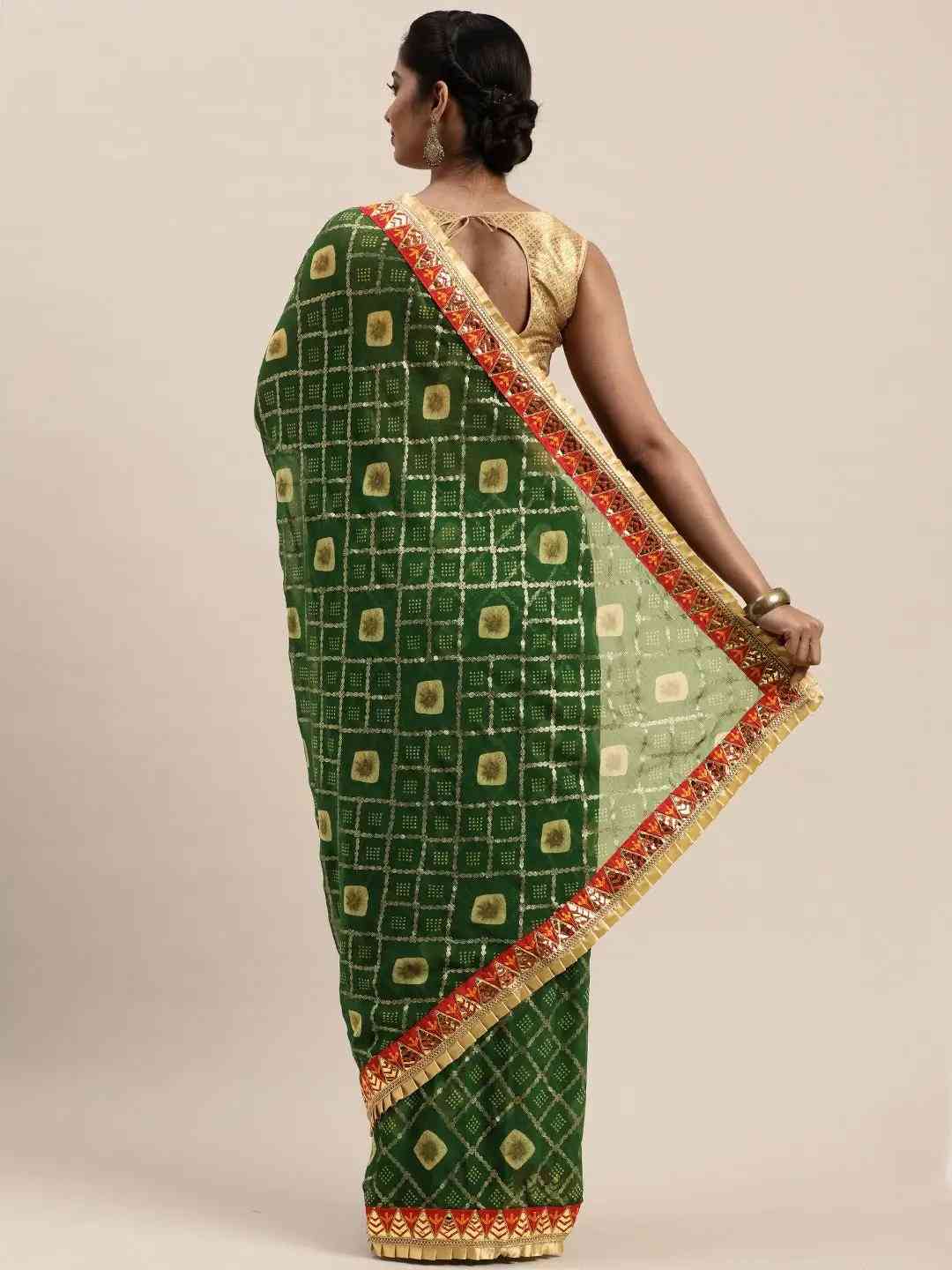 Poly Chiffon Pure Foil & Bandhej Print Green Colour Saree