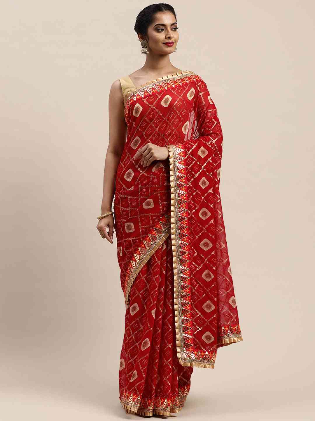 Poly Chiffon Pure Foil Print & Bandhej Print Red Colour Saree