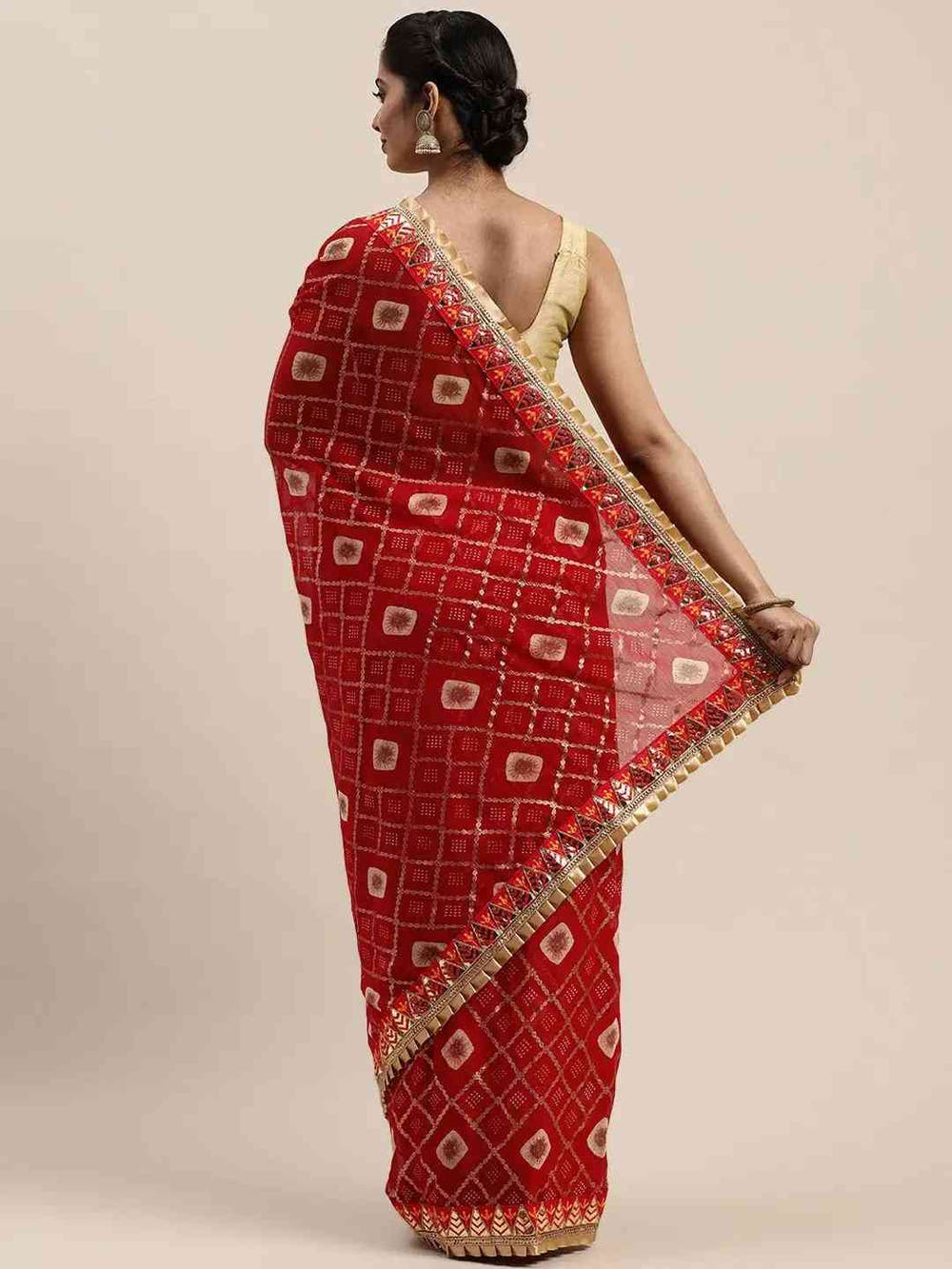 Poly Chiffon Pure Foil Print & Bandhej Print Red Colour Saree