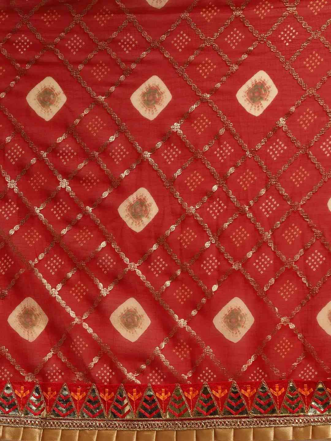 Poly Chiffon Pure Foil Print & Bandhej Print Red Colour Saree