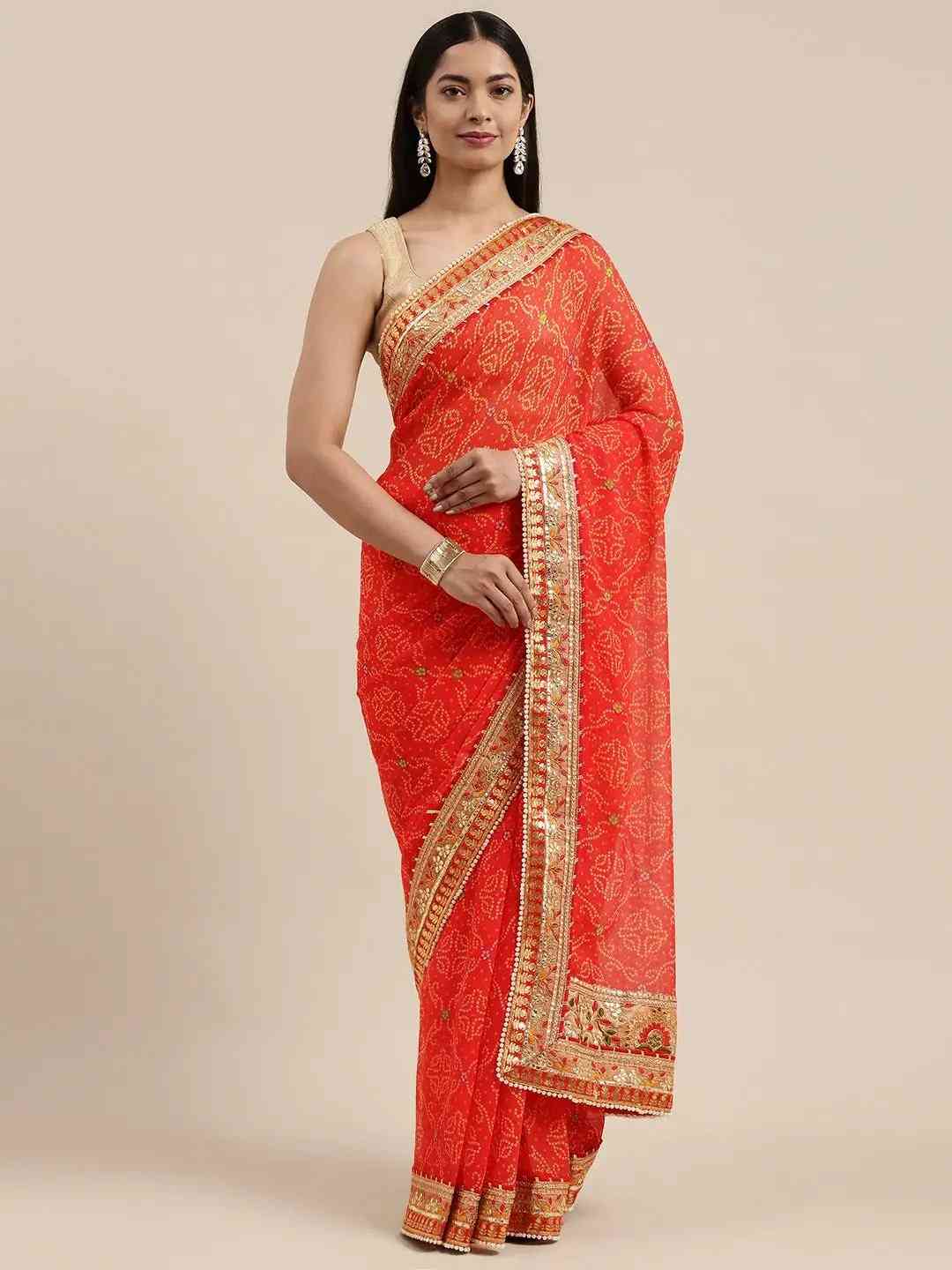 Red Colour Poly Chiffon Bandhej Print & Embellished Border Saree