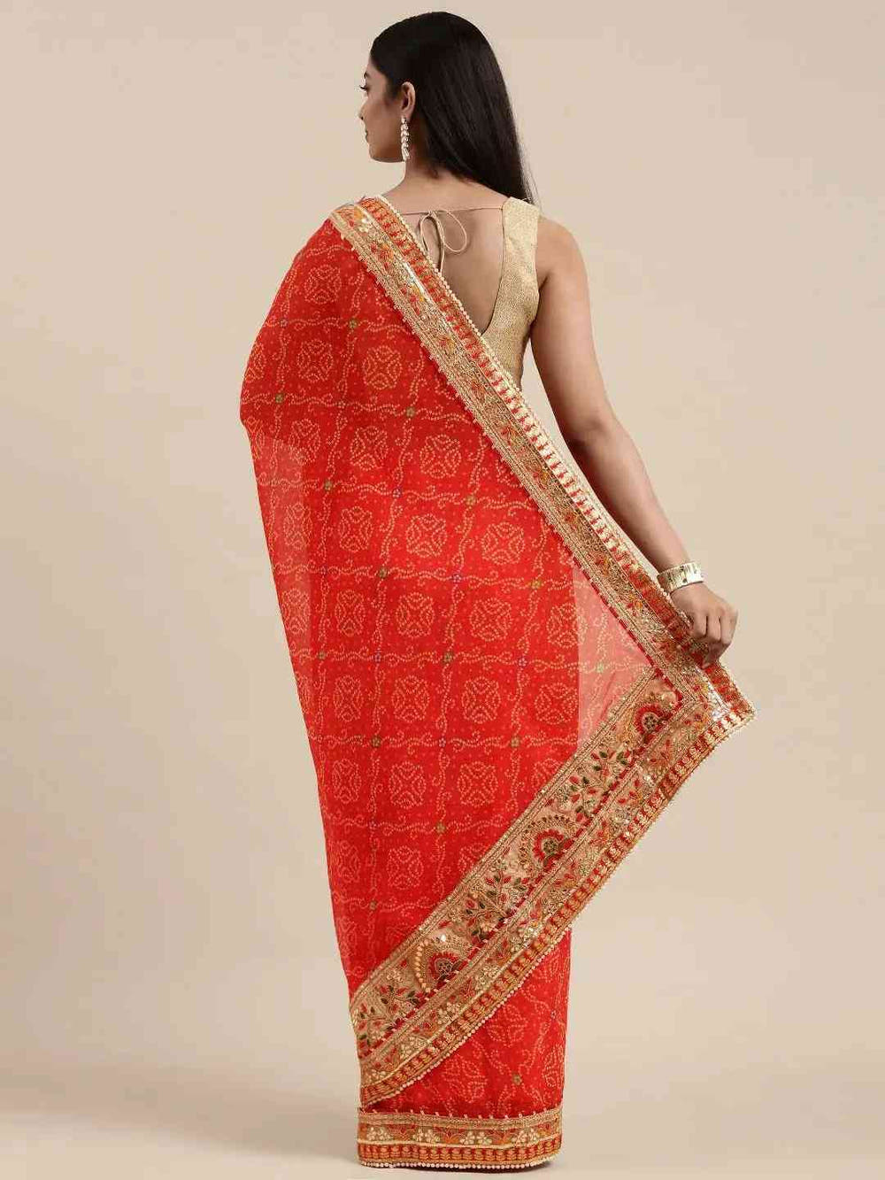 Red Colour Poly Chiffon Bandhej Print & Embellished Border Saree