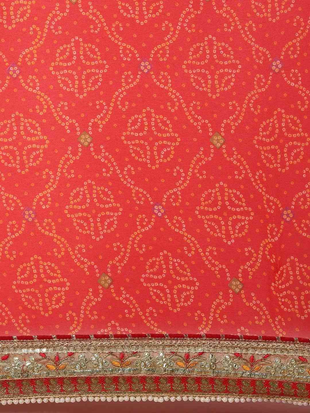 Red Colour Poly Chiffon Bandhej Print & Embellished Border Saree